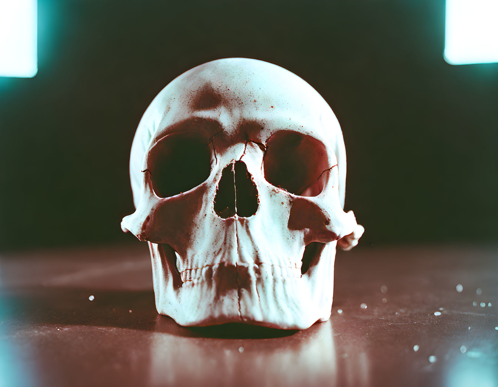 Human skull with dramatic lighting and shadows on surface