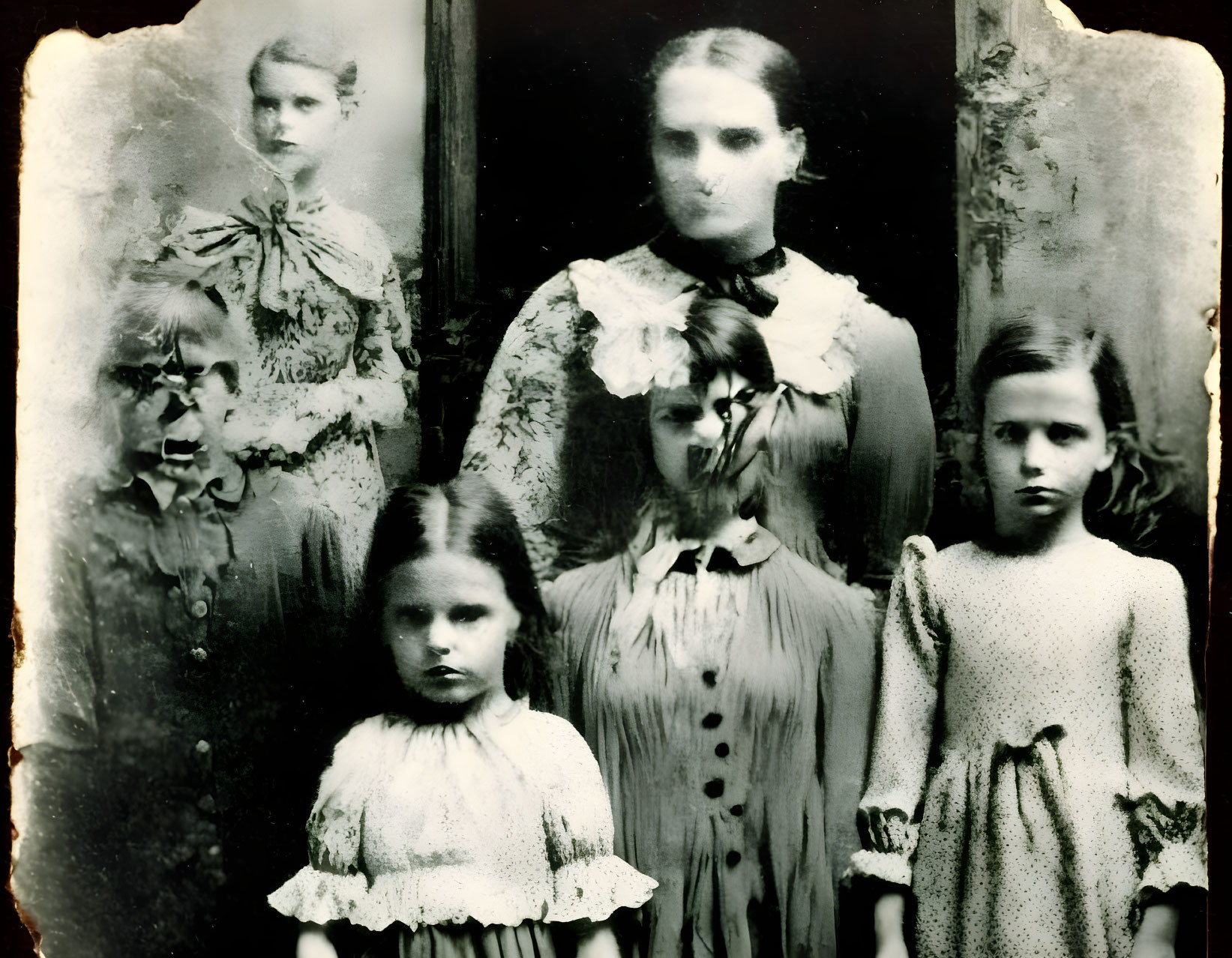 Vintage black and white photo of woman and four girls in period clothing with faded edges, ghostly ambiance