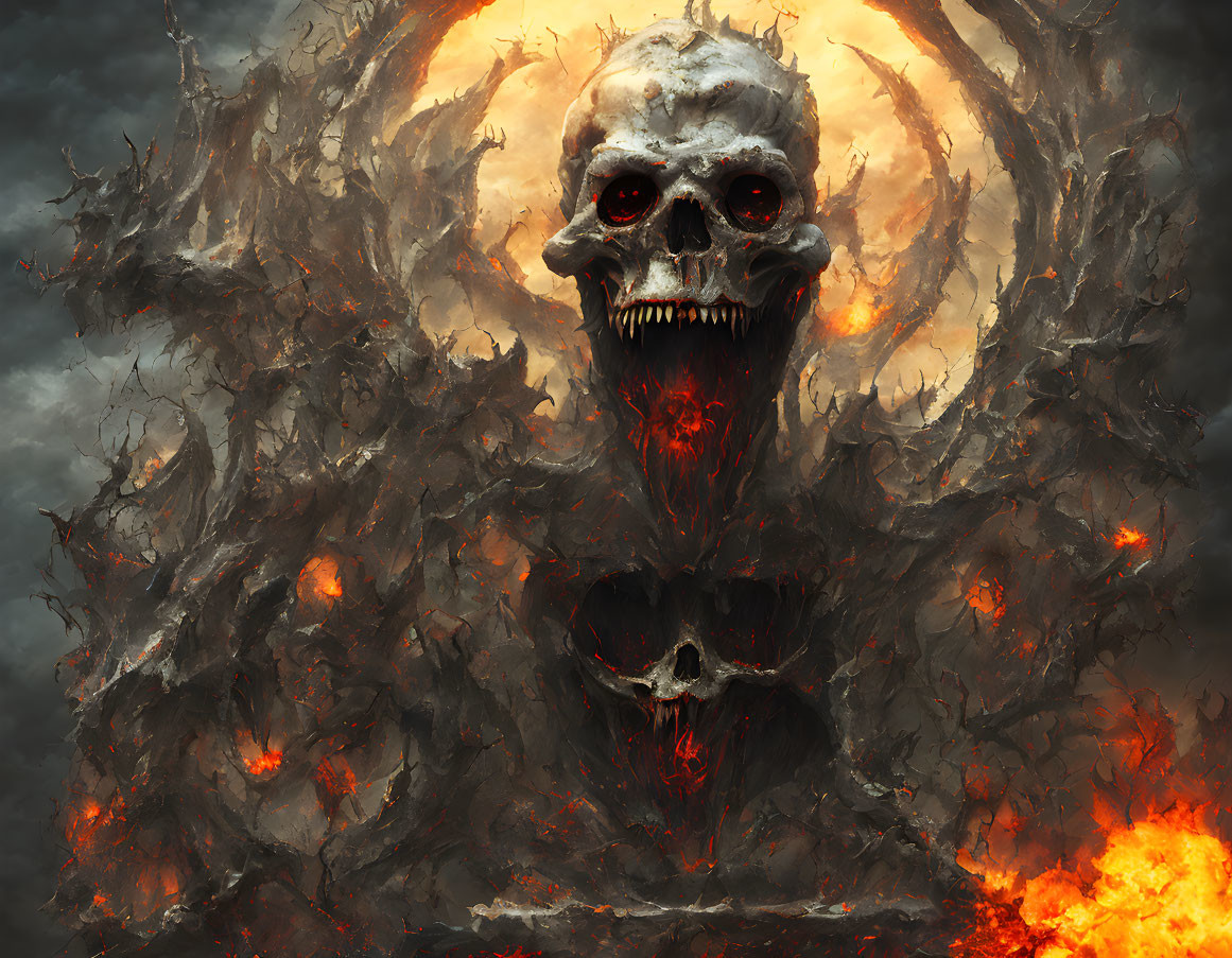 Menacing skull surrounded by flames and skeletal figures in dark, ominous setting