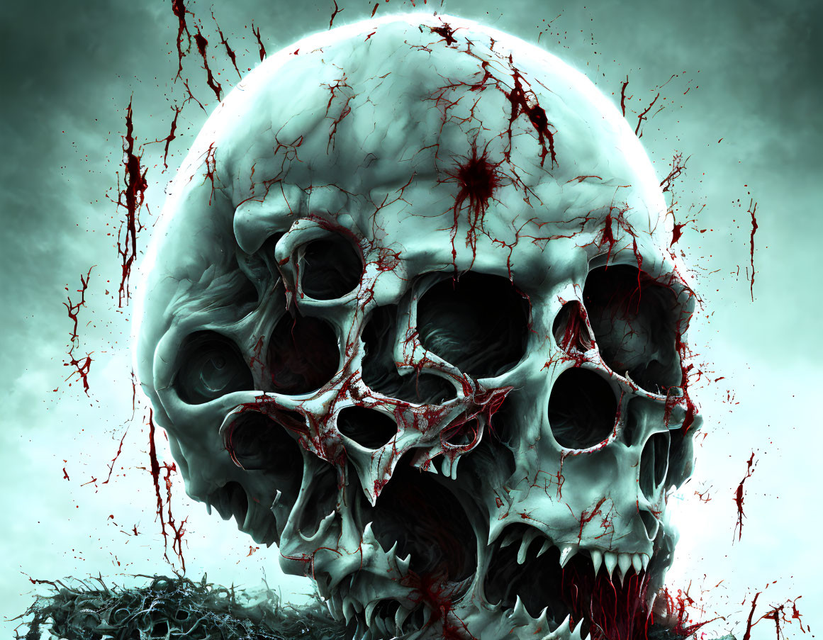 Skull with multiple eye sockets and blood splatter on dark background