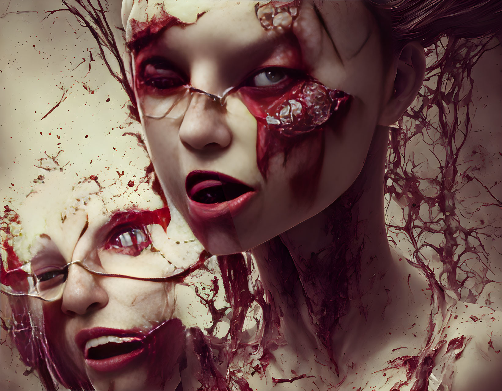 Two individuals with horror-themed torn flesh makeup for a frightening look