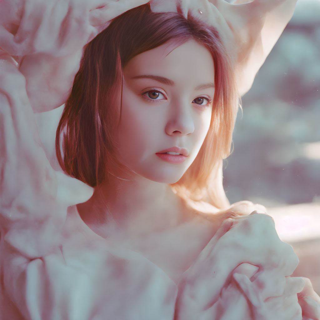 Serene young woman in flowing fabric against pink backdrop