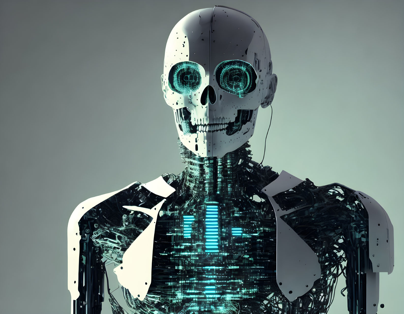 Digital illustration of humanoid robot with translucent skull and glowing eyes.