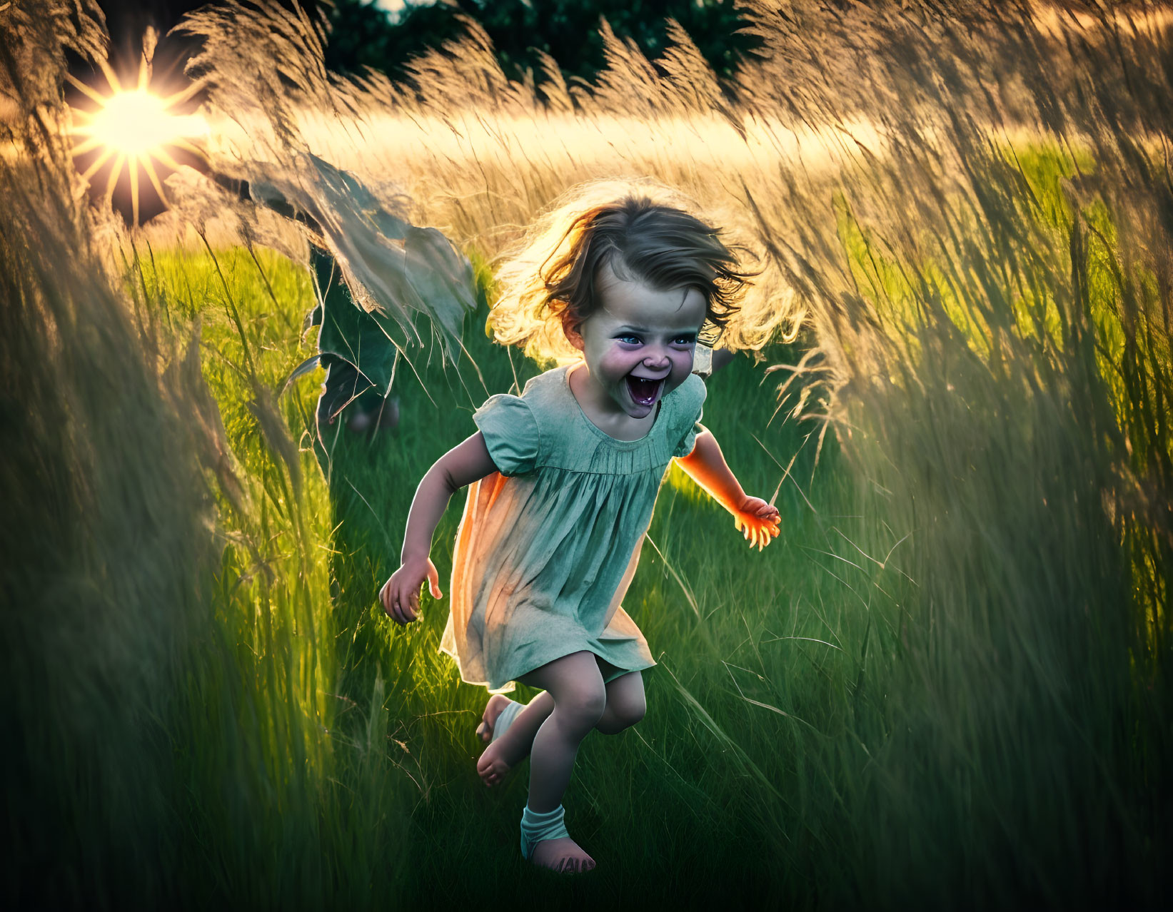 Toddler girl running in sunlit field with tall grass at sunset