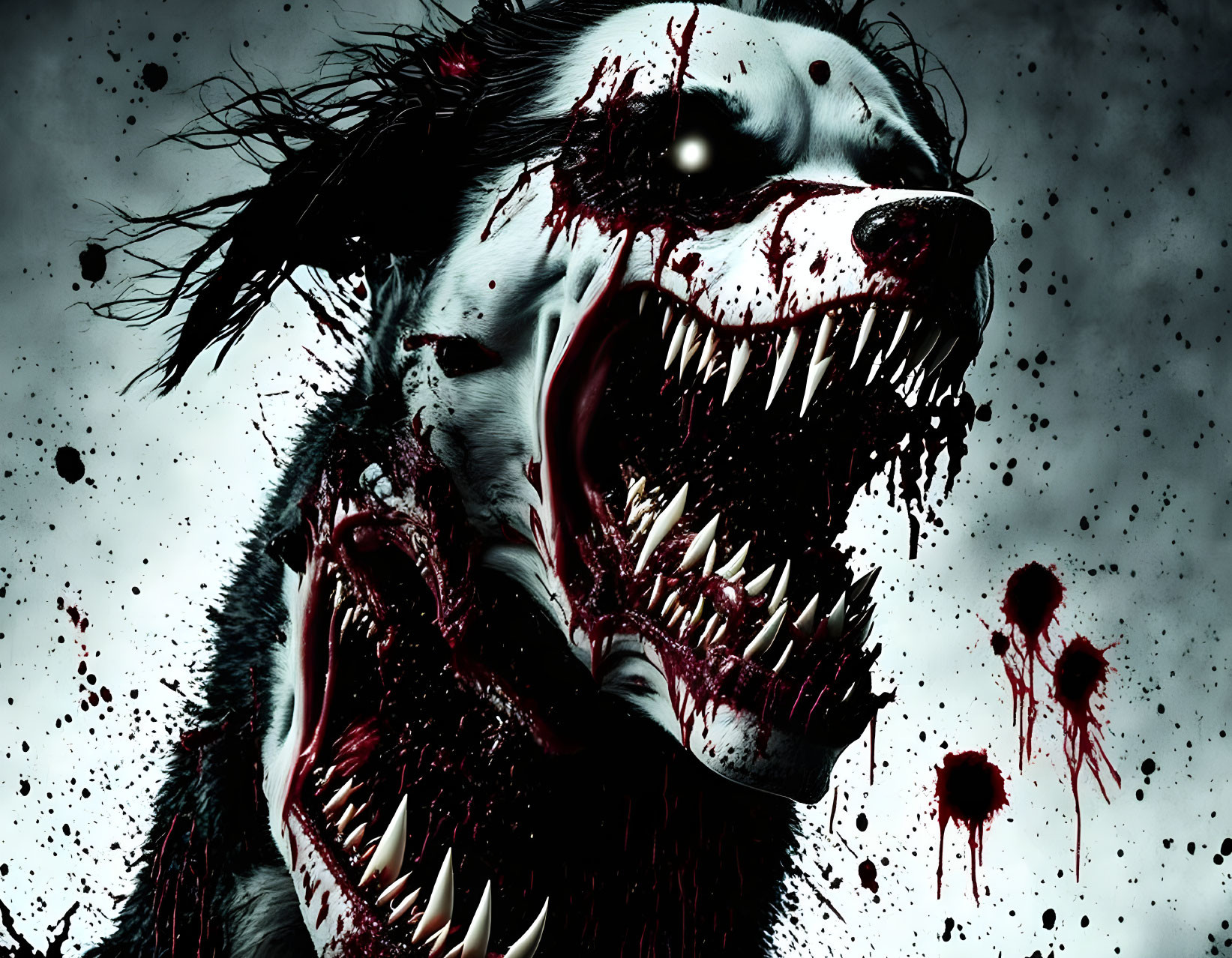 Menacing dog with sharp teeth and blood splatter theme