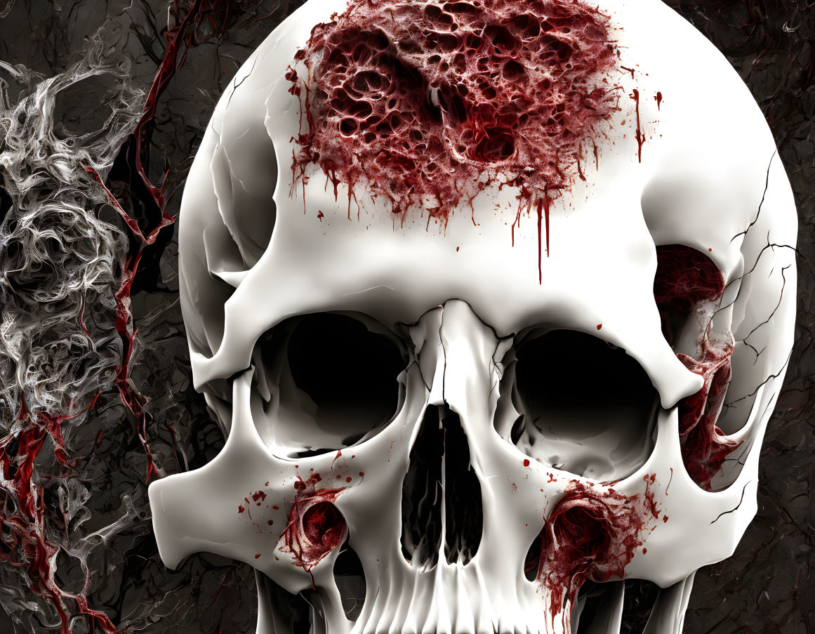 Hyper-realistic digital artwork: Human skull with textured surface and red details on dark abstract background