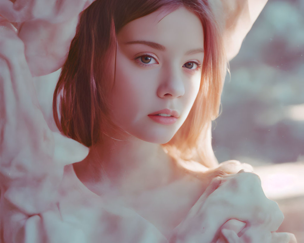 Serene young woman in flowing fabric against pink backdrop