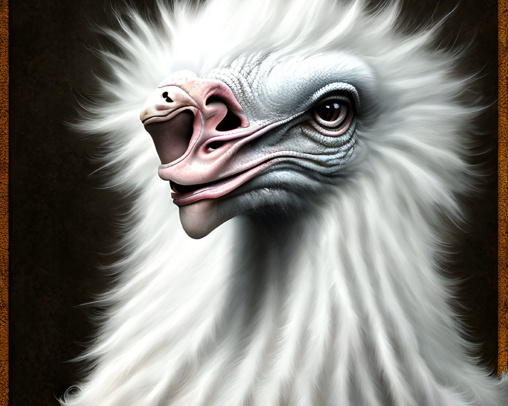 Detailed digital portrait of a fluffy white ostrich with long neck and open beak on brown background