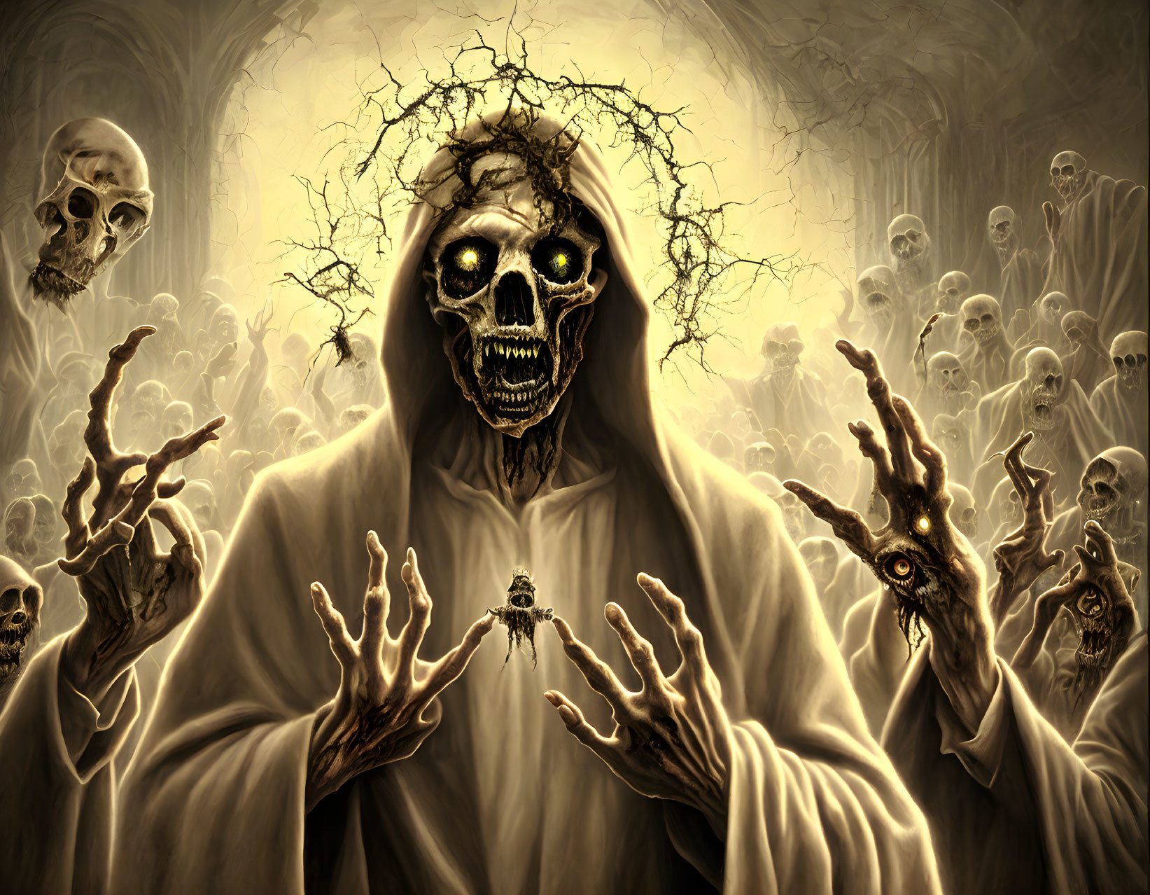Skull-faced grim reaper surrounded by skulls and skeletal hands in misty setting