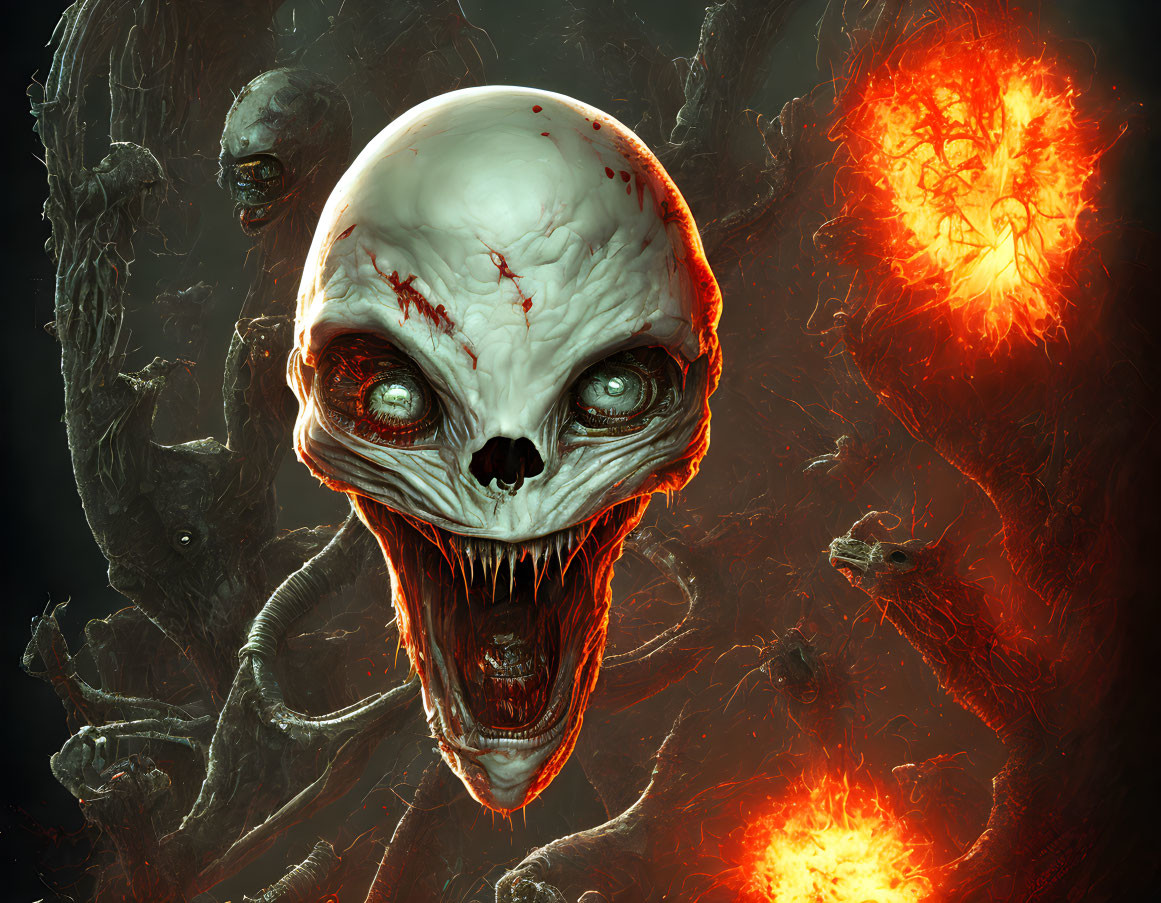 Eerie white skull with shadowy figures and fiery orbs