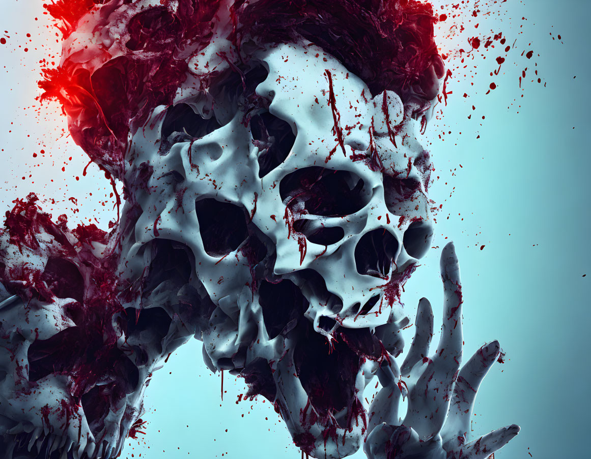 Macabre digital art: skull surrounded by red liquid