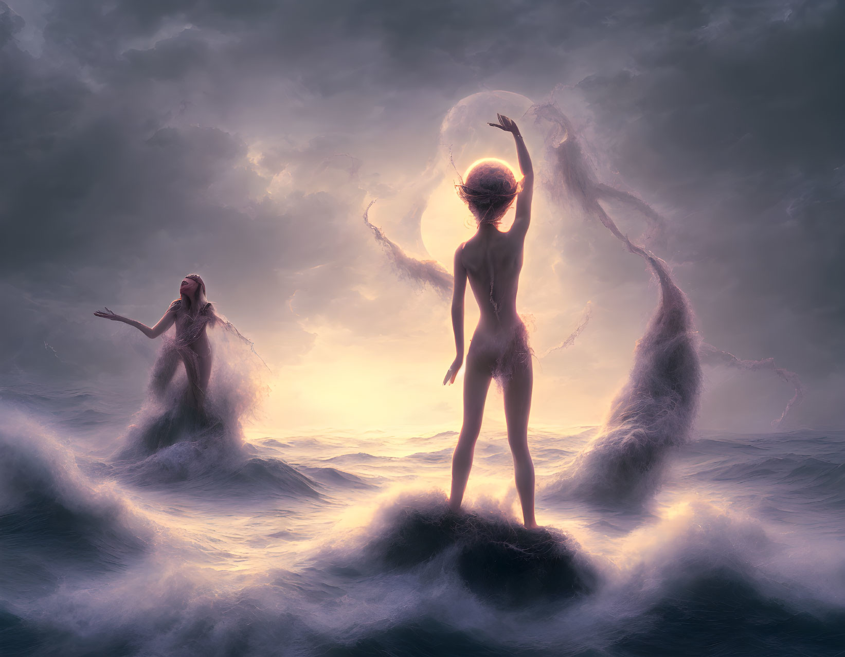 Ethereal figures on sea rocks under dramatic sky