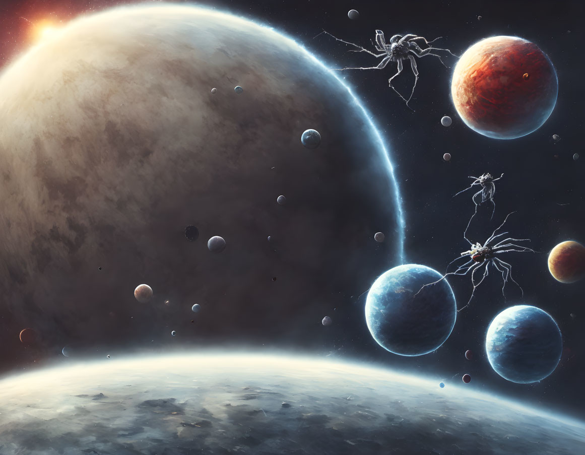 Multiple Planets and Moons in Cosmic Surreal Scene