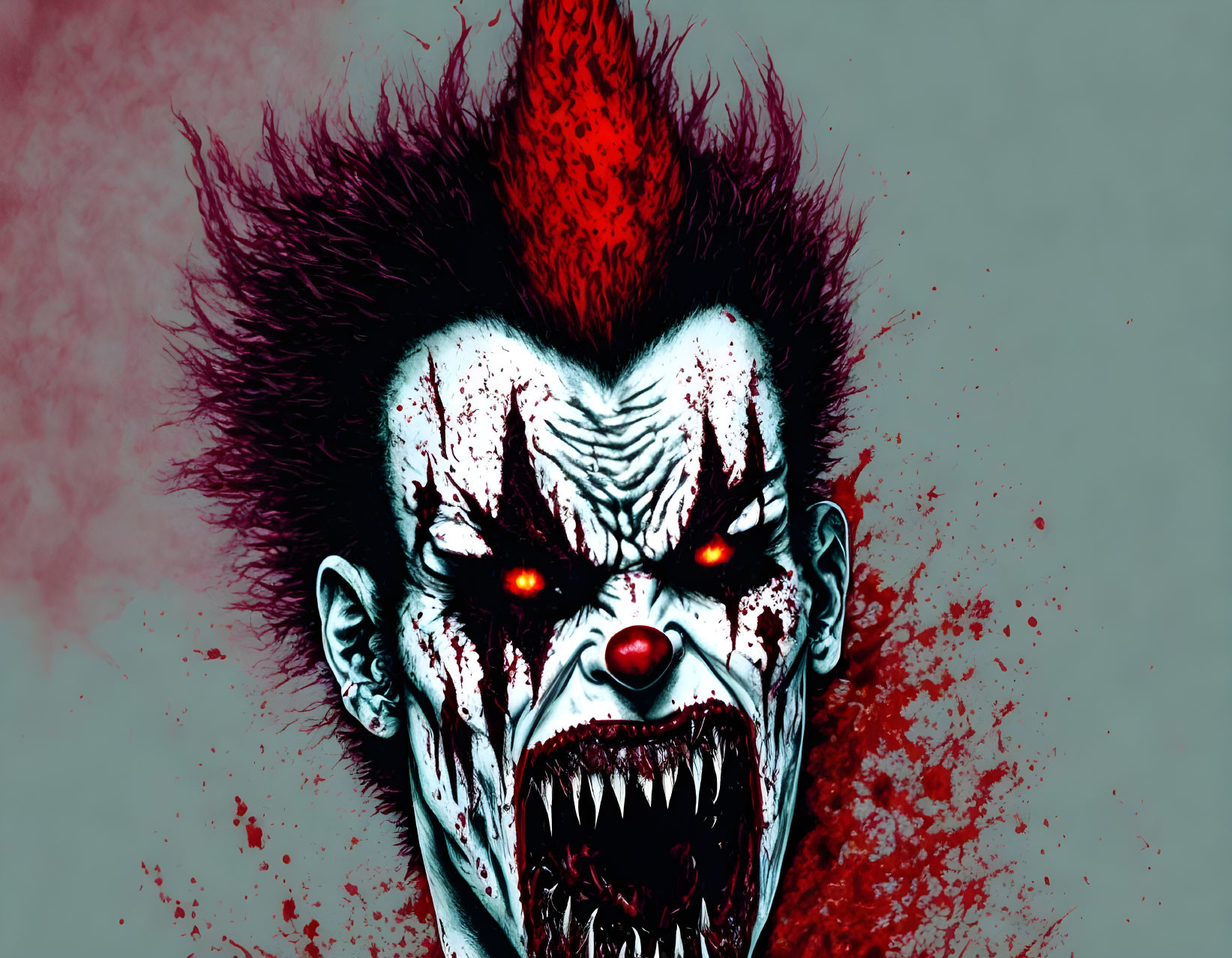 Menacing clown illustration with sharp teeth and red eyes