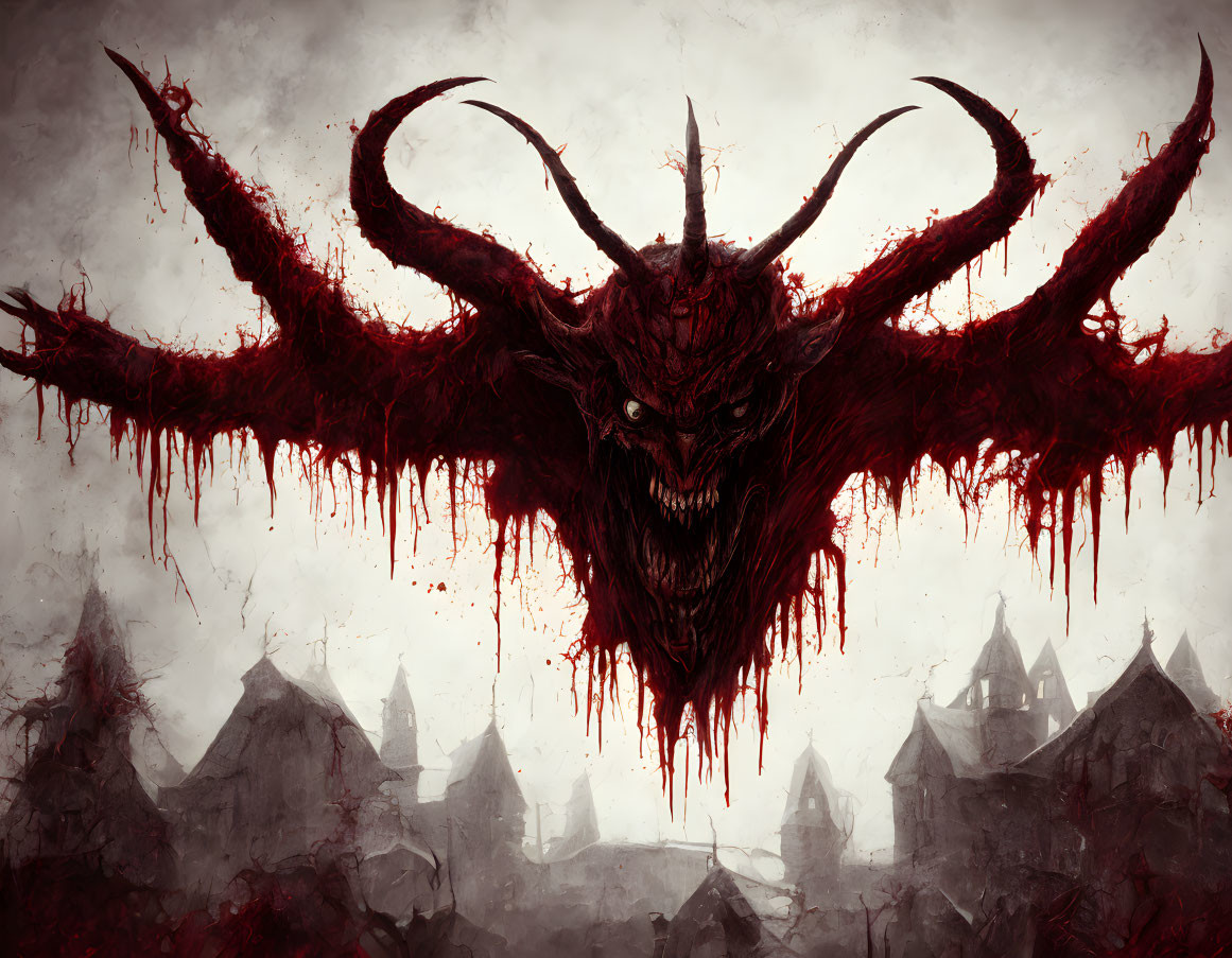 Horned creature with red eyes in gloomy village, dripping blood