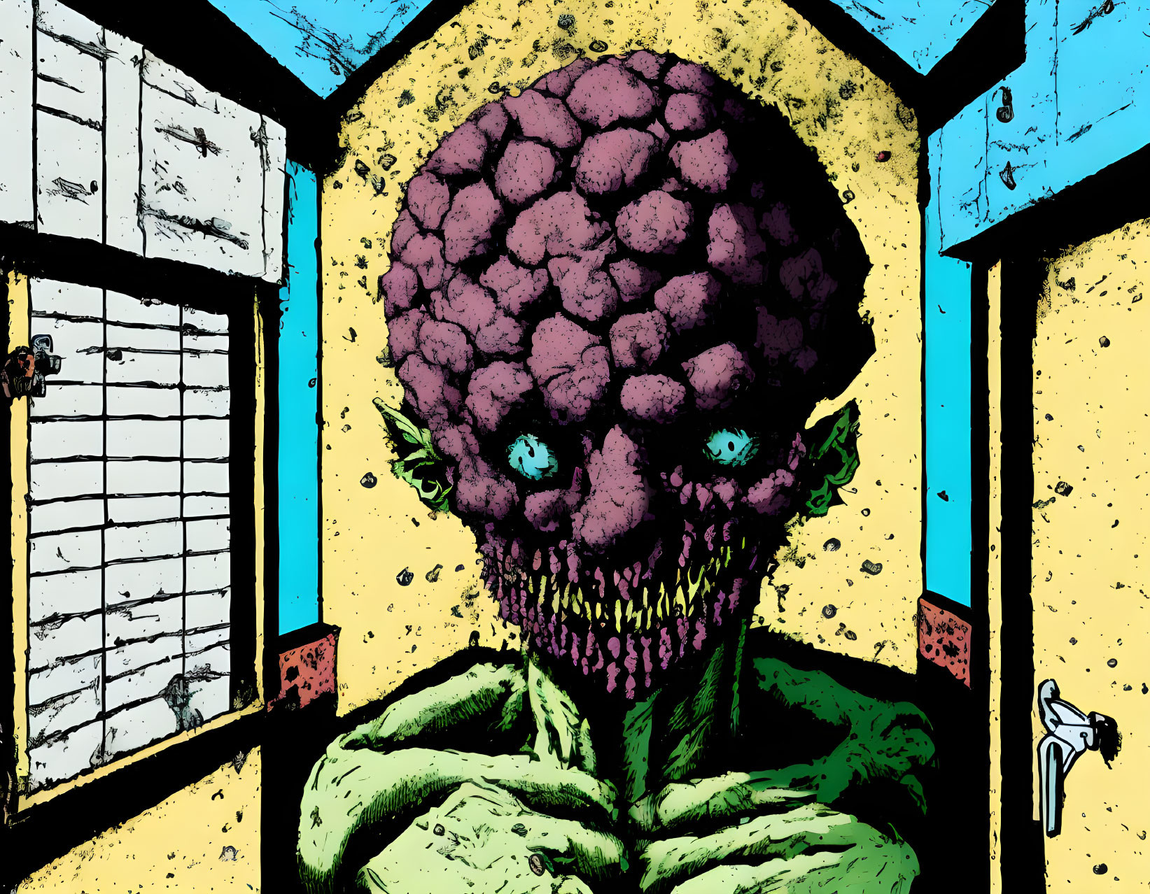 Purple comic-style creature with brain-textured head and glowing eyes peers through broken window