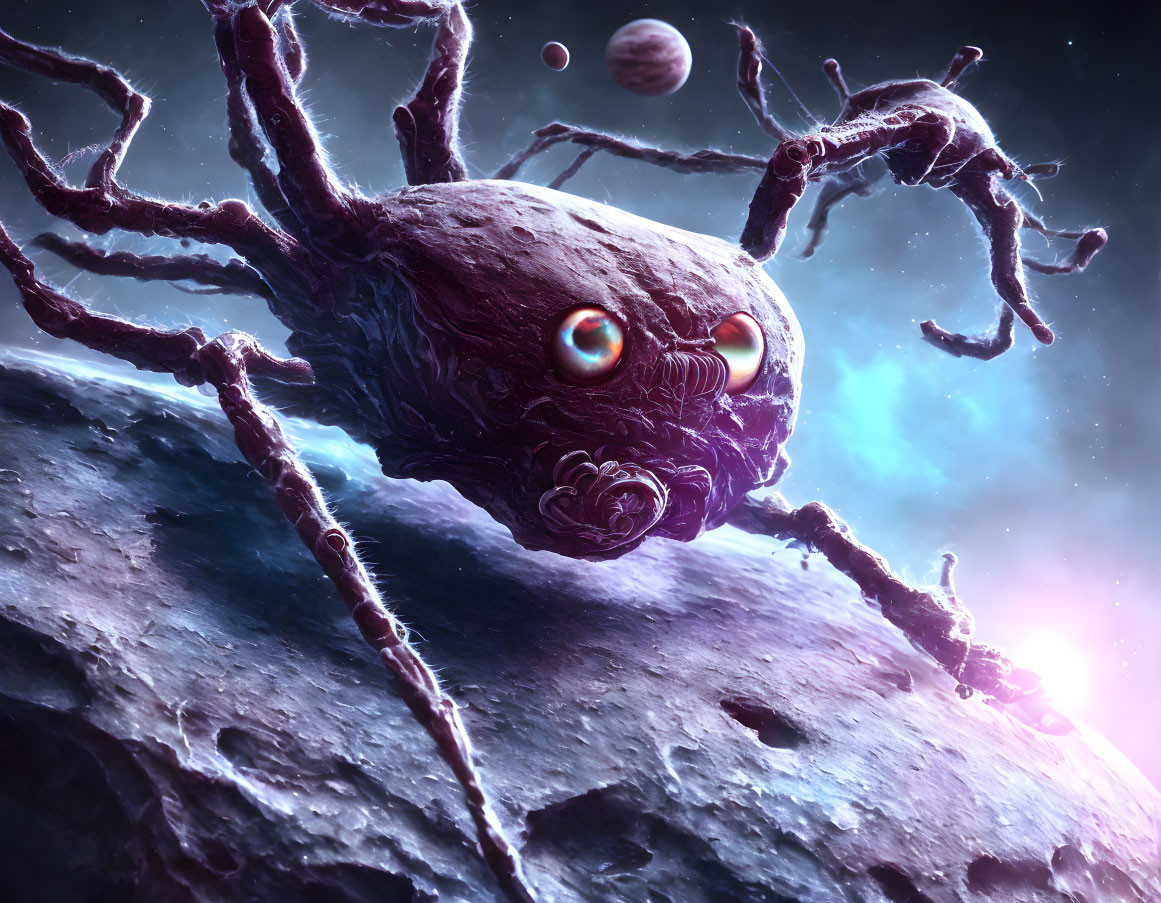 Monstrous spider on asteroid in space with planets and sun