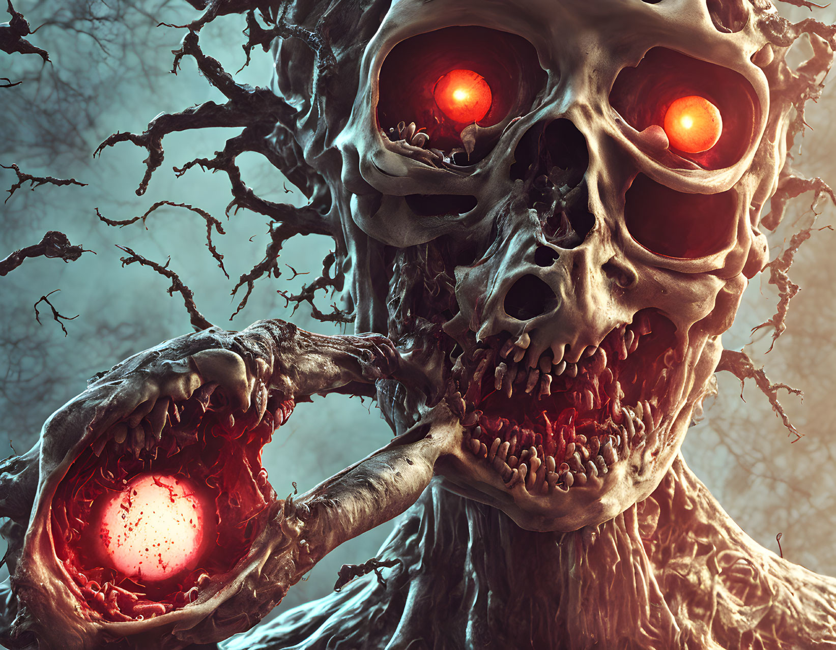 Surreal skeletal figure with glowing red eyes and twisted branches.