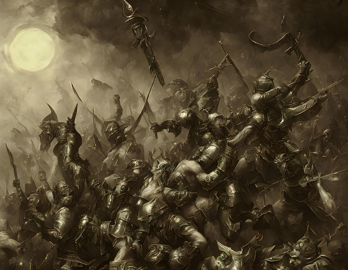 Armored warriors clash under full moon in epic battle scene