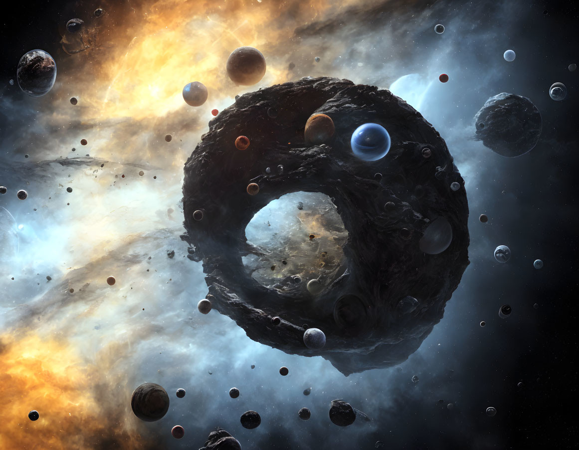 Toroidal asteroid amidst celestial bodies and cosmic debris in vibrant space scene