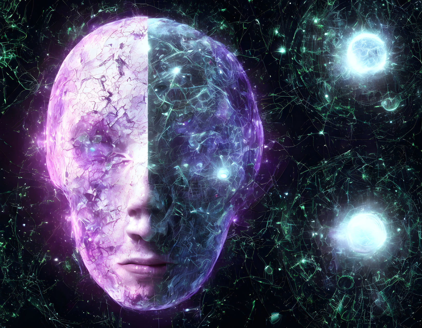 Digital artwork: Split human-like head on cosmic background with glowing orbs