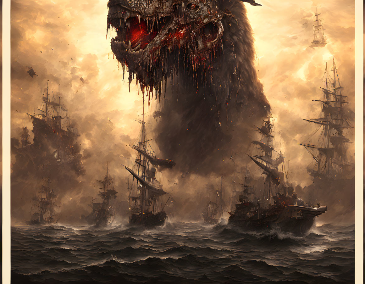 Enormous sea monster rises among sailing ships in golden-lit sky.