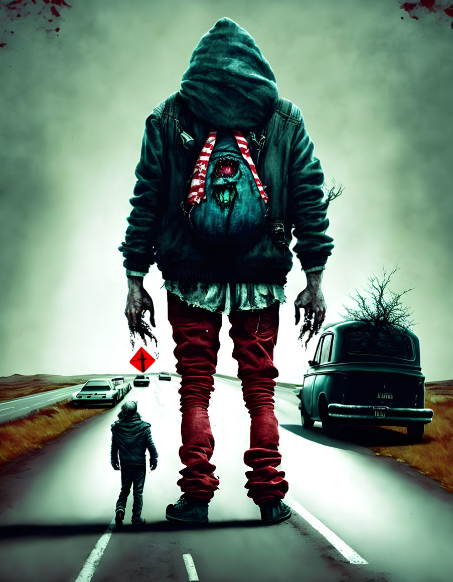 Hooded person with oversized backpack in surreal scene next to small figure with old car and red warning