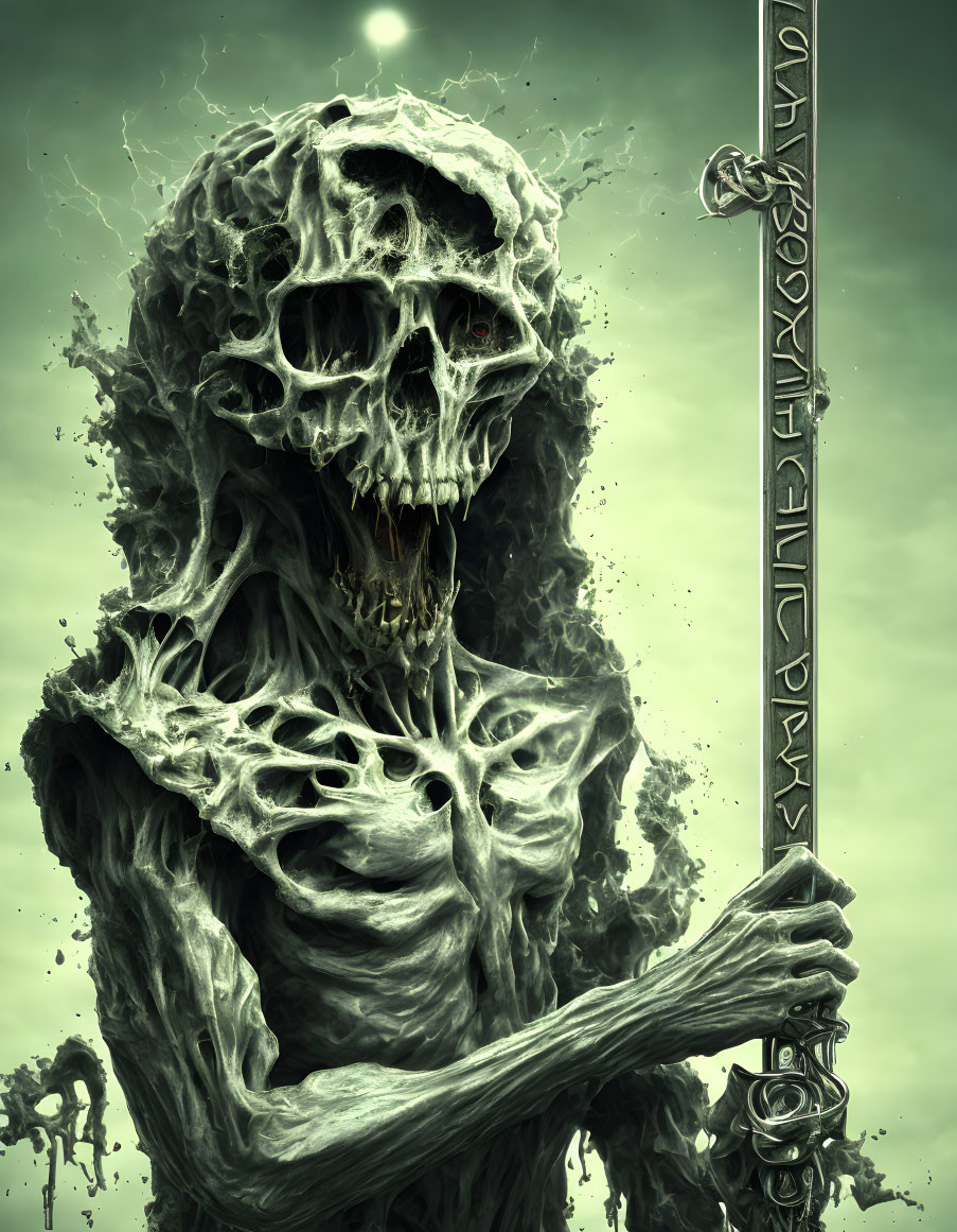 Skeletal figure with ornate sword in tattered robes under green sky