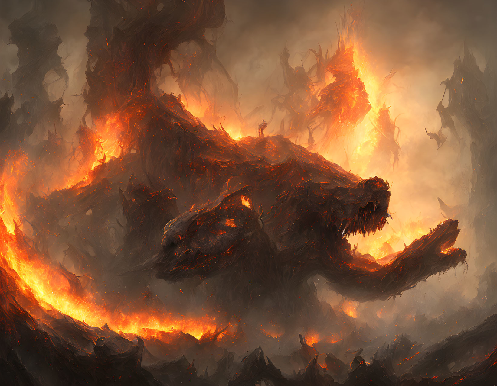 Fiery dragon-like creature in dark, hellish landscape