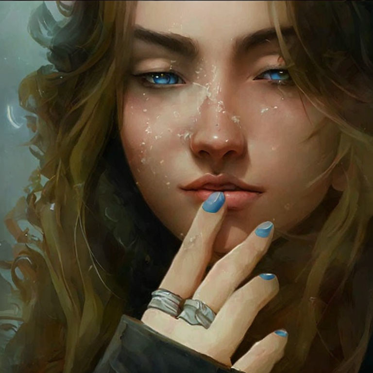 Illustrated woman with blue eyes, freckles, wavy hair, and silver rings.