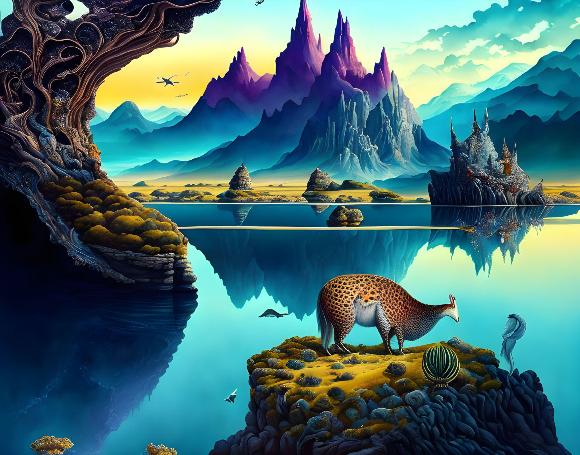 Colorful Fantasy Landscape with Mountains, Lake, Leopard, Crane, and Whimsical Tree