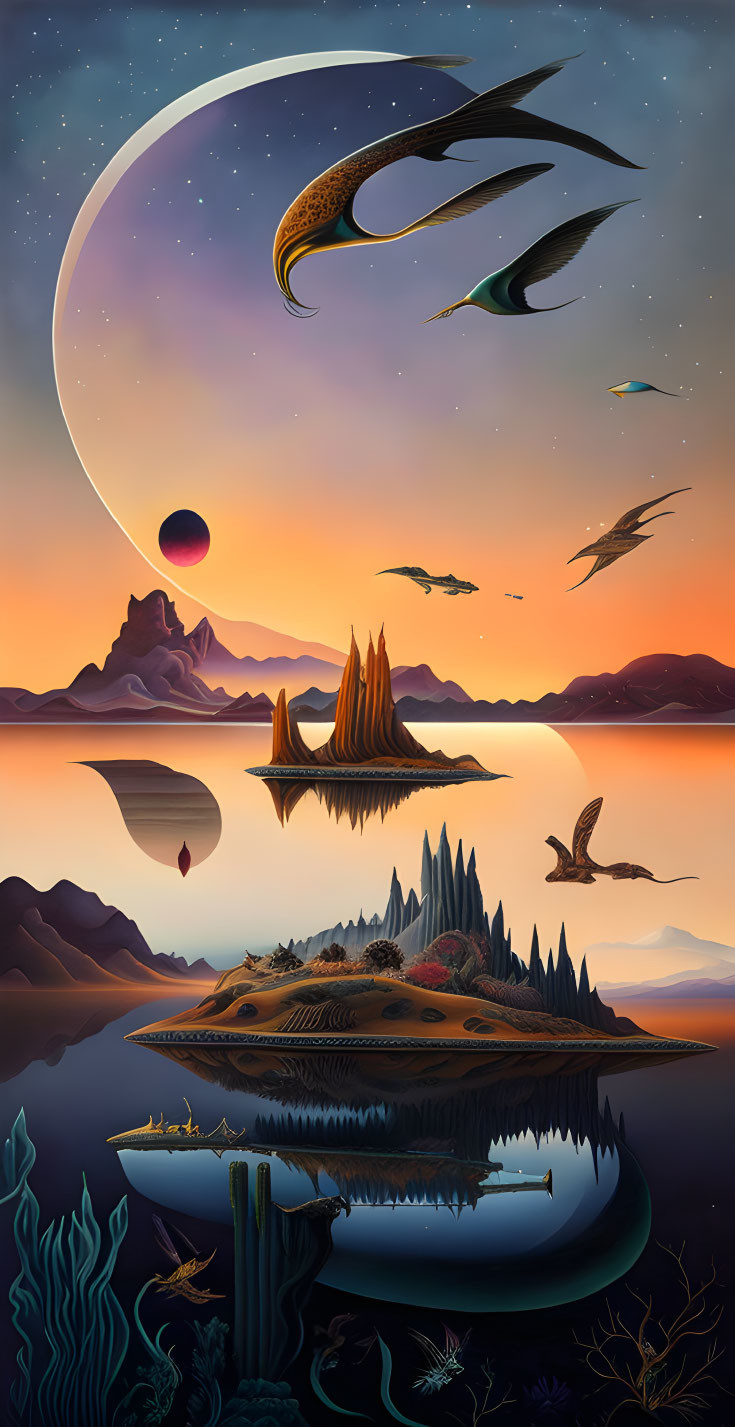 Surreal landscape with flying fish creatures, desert, rock formations, water, crescent planet