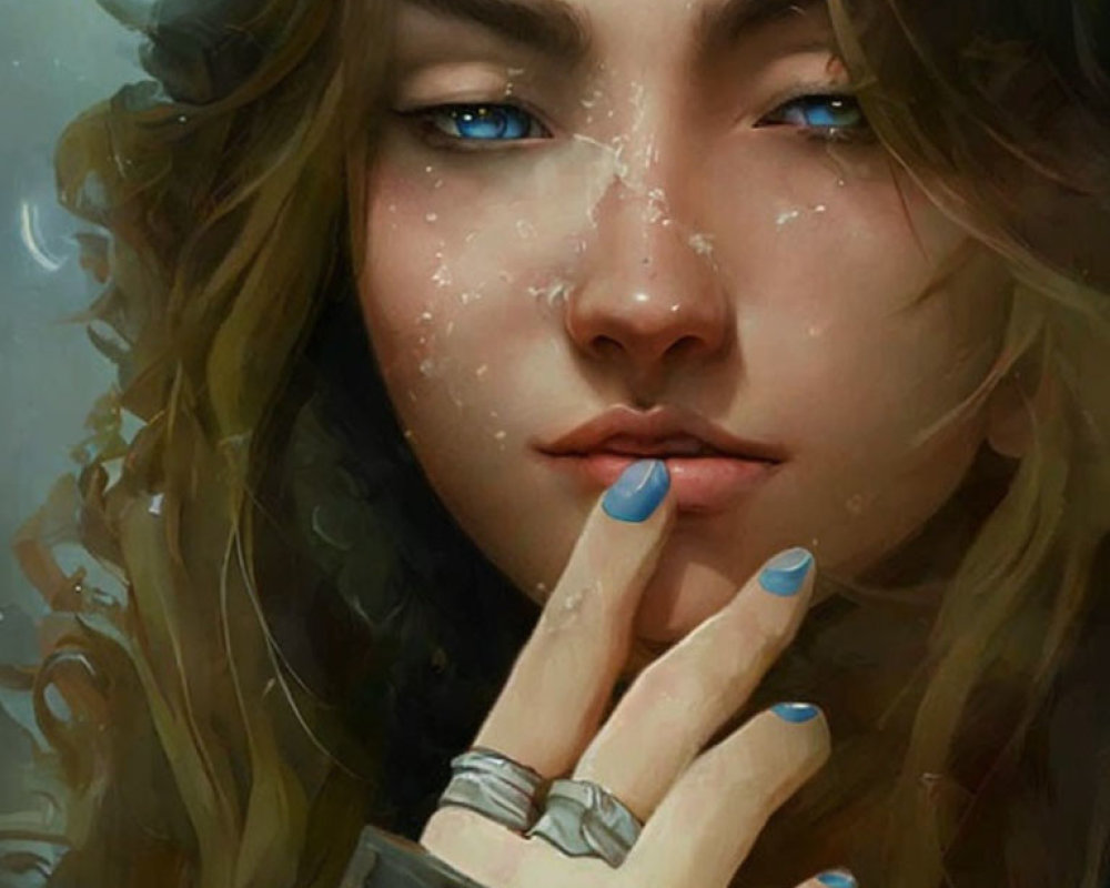 Illustrated woman with blue eyes, freckles, wavy hair, and silver rings.