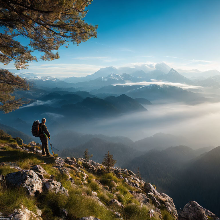 Hiker admiring misty mountain landscape from rocky peak