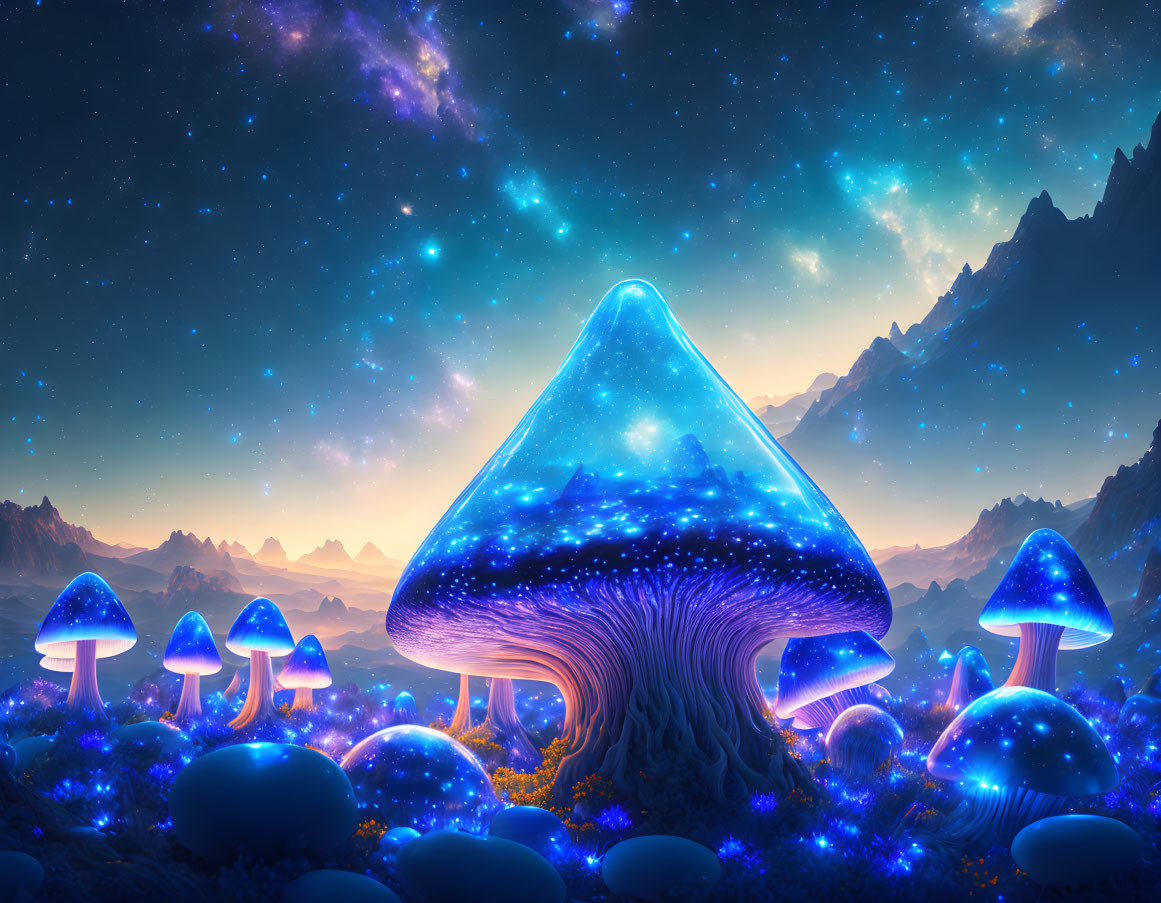 Fantasy landscape digital art: Giant illuminated mushrooms at twilight
