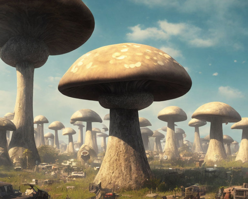 Giant mushroom-like structures in deserted landscape with abandoned machinery