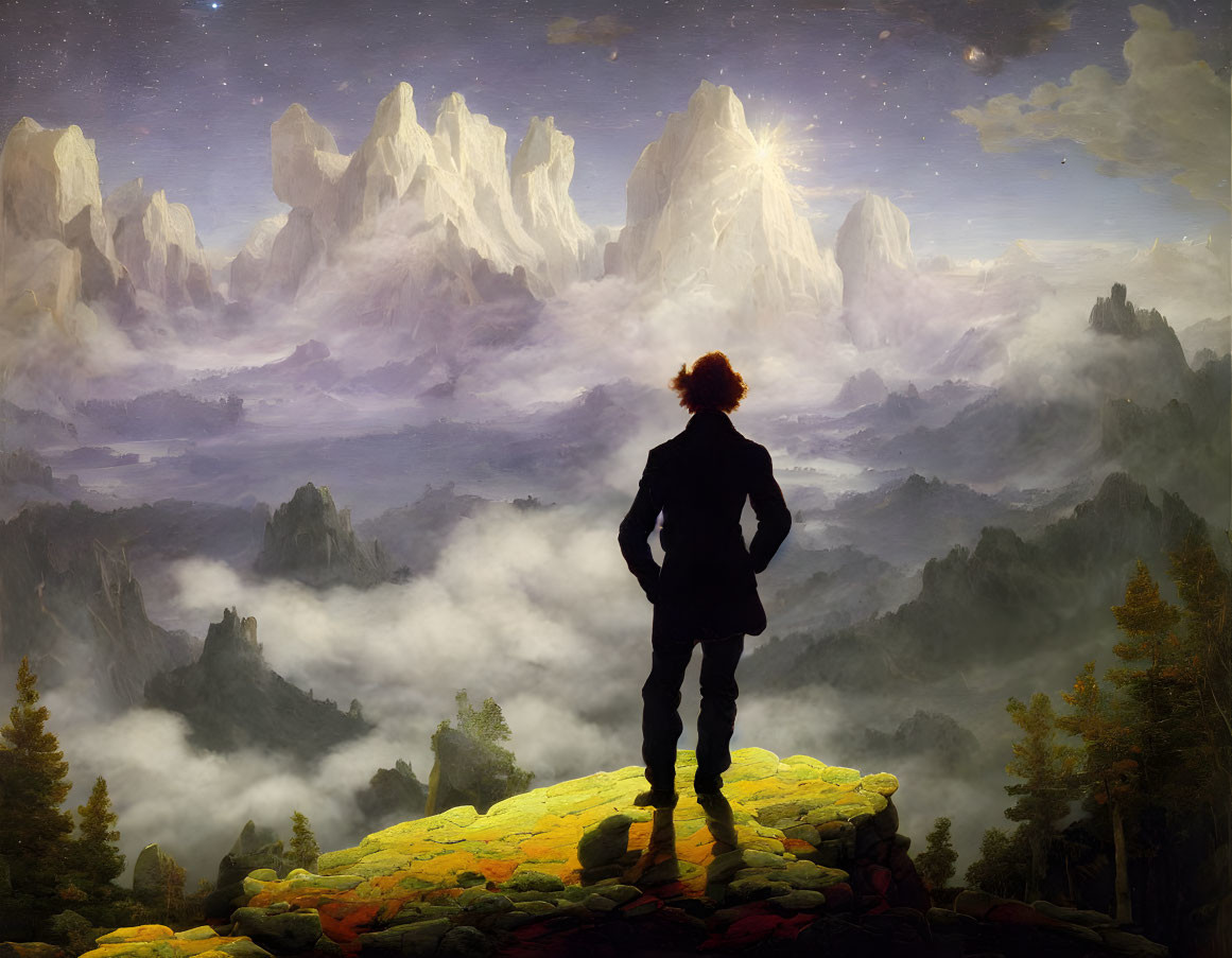 Silhouetted person on vibrant cliff with mystical landscape