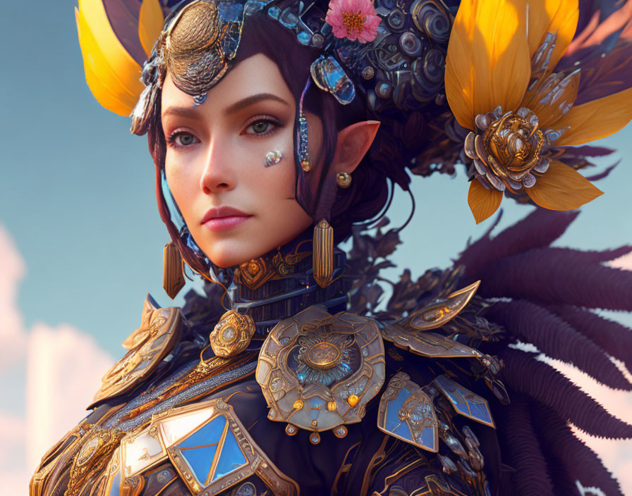 Fantasy digital artwork: Blue-eyed elf in ornate golden headpiece and floral armor against sky.