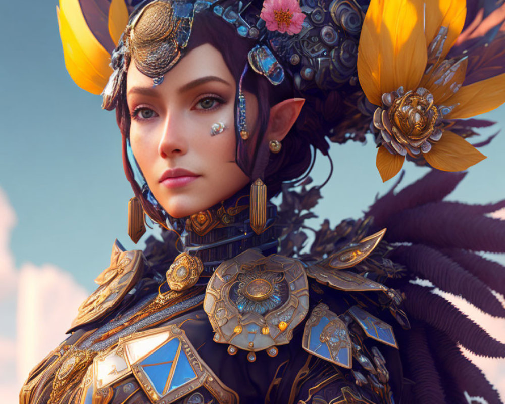 Fantasy digital artwork: Blue-eyed elf in ornate golden headpiece and floral armor against sky.