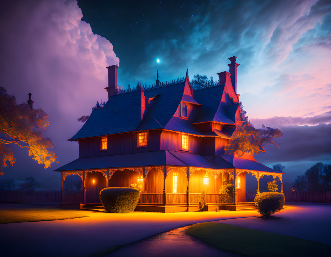 Victorian House Twilight Scene with Illuminated Windows and Dramatic Sky