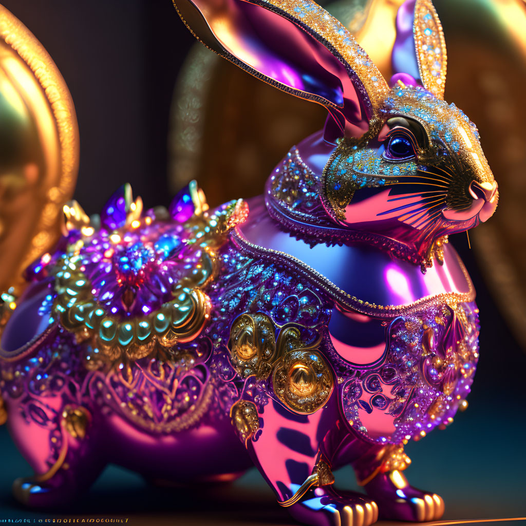 Intricate purple and gold rabbit sculpture with sparkling gems