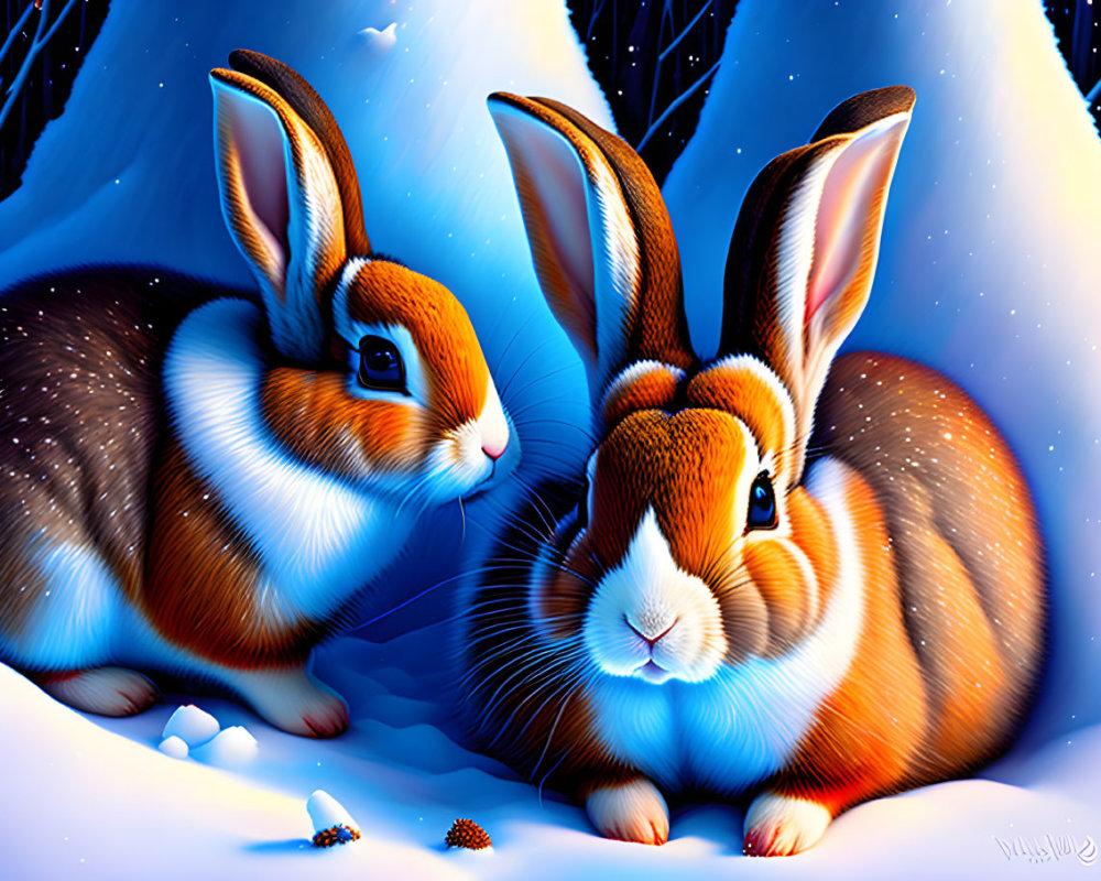 Vibrantly colored rabbits in snowy night landscape.