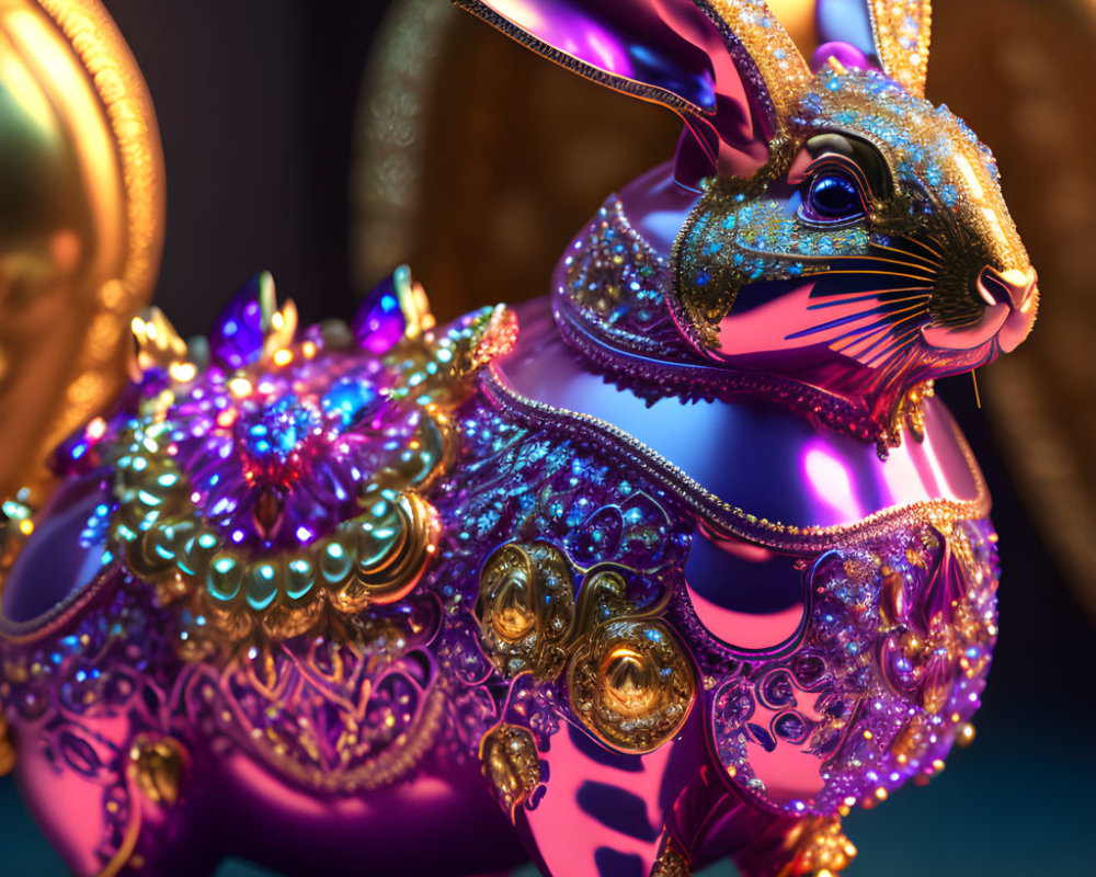 Intricate purple and gold rabbit sculpture with sparkling gems