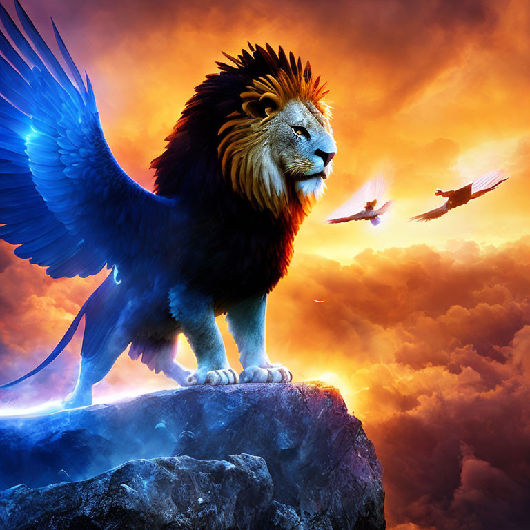 Mythical lion-eagle creature on cliff under orange sky