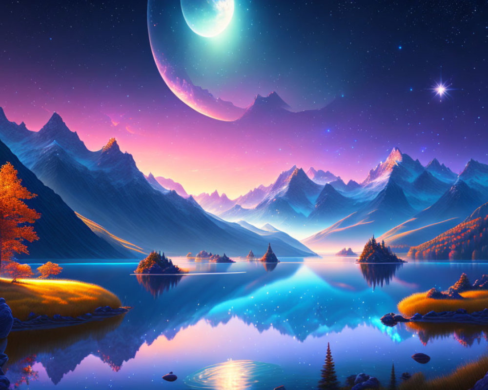 Fantasy landscape with crescent moon, purple mountains, blue lake, autumn trees, starry sky