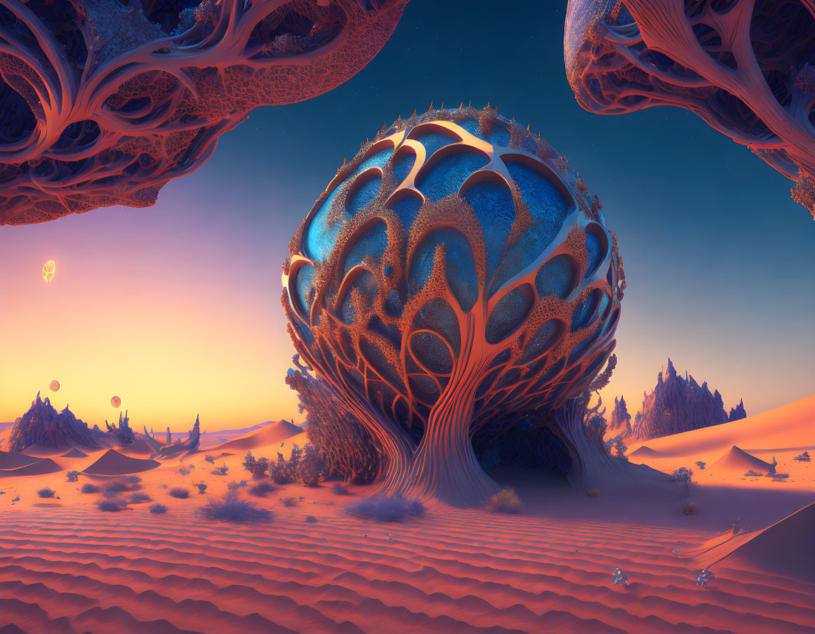 Alien landscape at sunset with organic structure, desert dunes, rocks, and balloons