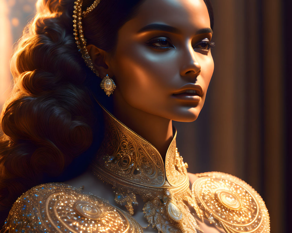 Elaborate Hairstyle and Golden Attire Woman in Luxurious Setting