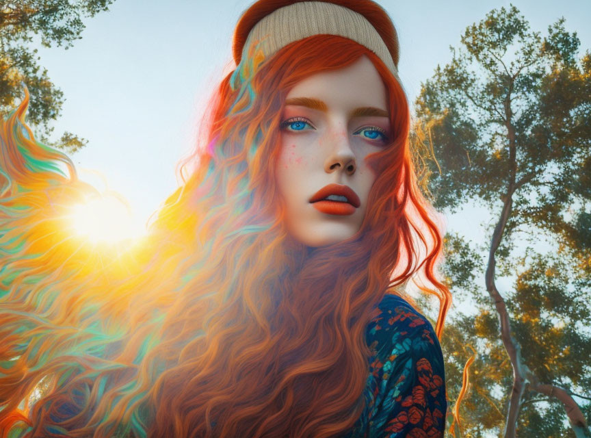 Vibrant digital artwork of a woman with red hair and blue eyes in a sunlit forest