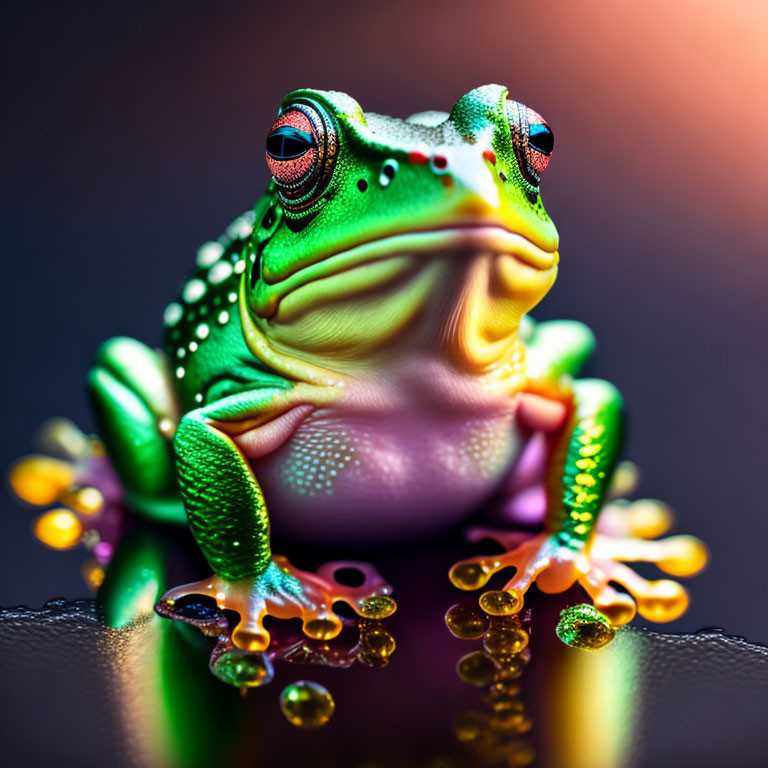 Vibrant frog in droplets on reflective surface with gradient background