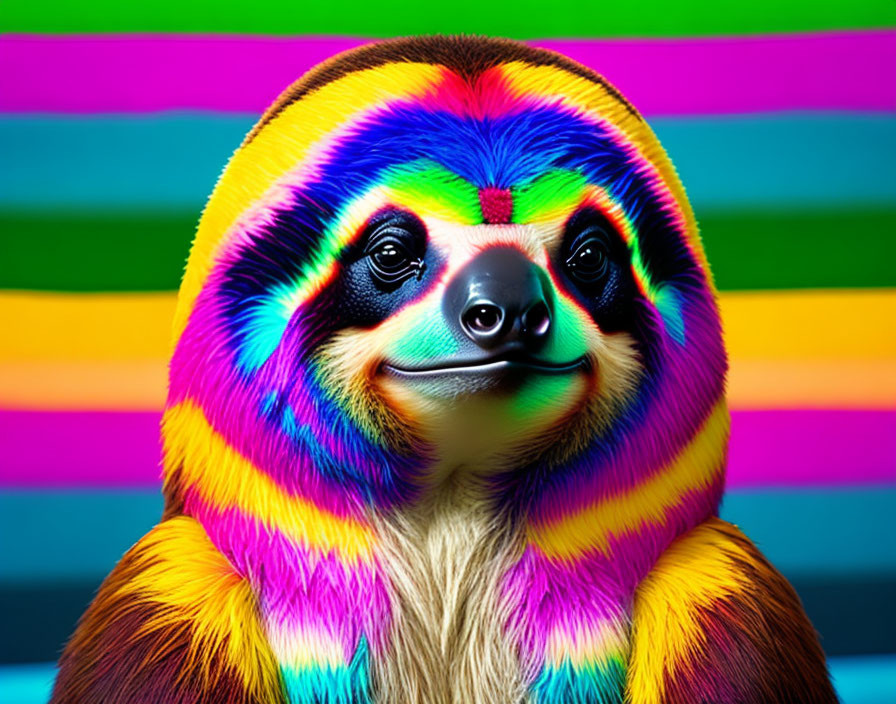 Vivid Multicolored Sloth on Striped Background